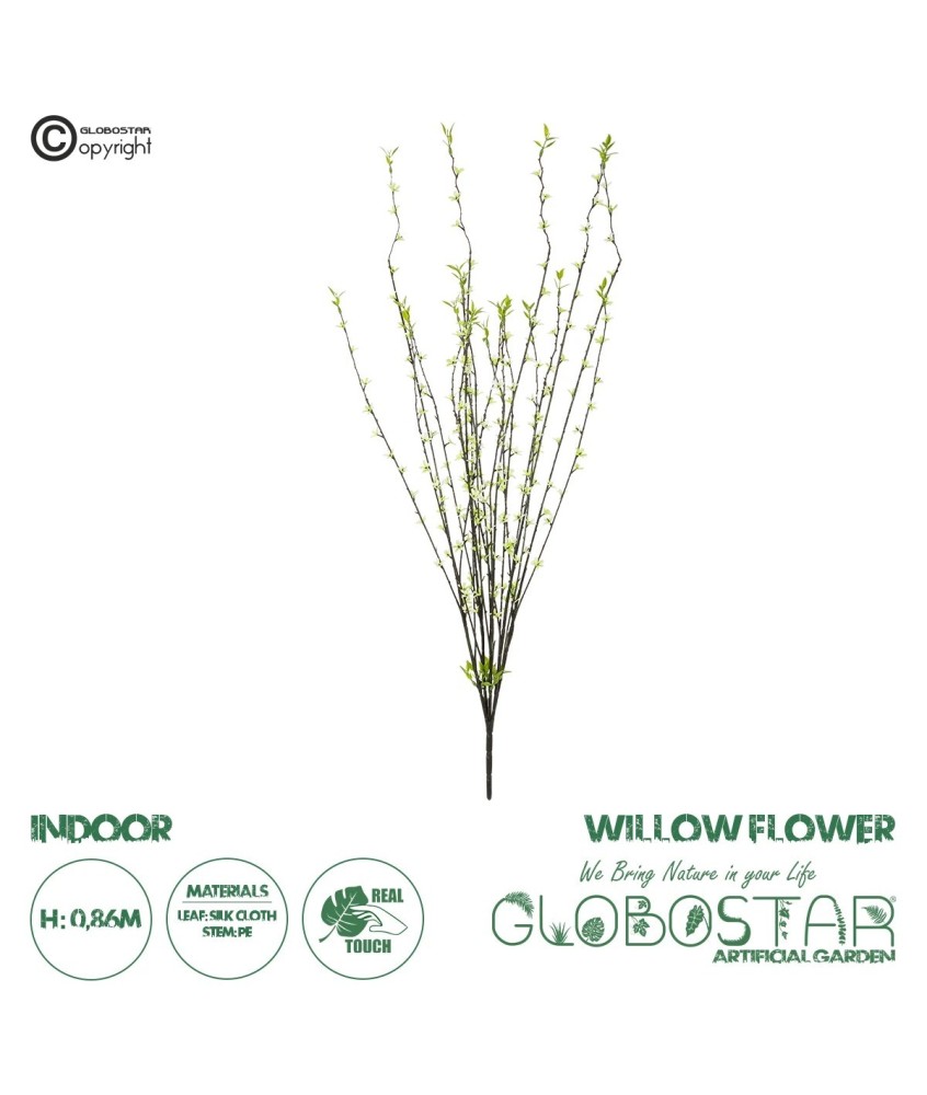 GloboStar® Artificial Garden GREEN WILLOW FLOWER BRANCH 21458 Τεχνητό Διακοσμητικό Κλαδί Λευκή Ιτιά Y86cm
